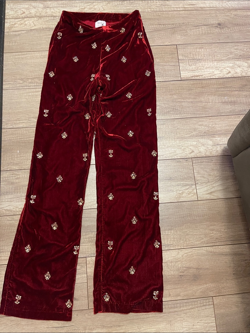 Misa Los Angeles Burgundy Velvet Pants with crystal Embellishments size XS